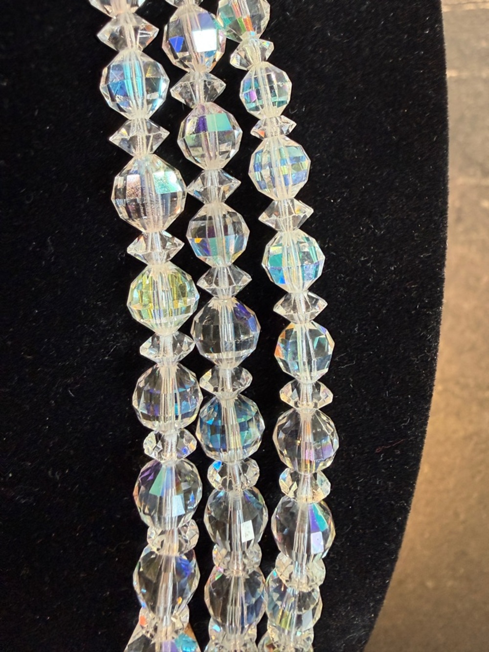 Vintage (50’s) Laguna 3 Strand Crystal AB Beaded Necklace/Rhinestone Hook Clasp - Picture 3 of 7